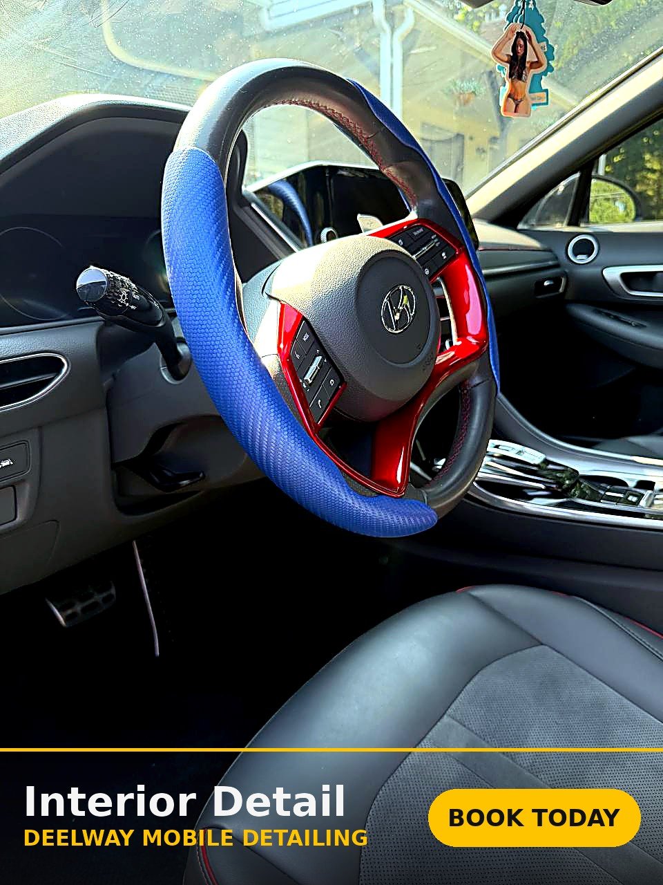 A steering wheel and cabin detailed by the Nexo Cleaning Services mobile detailing team