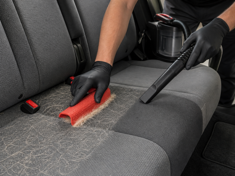 Professional pet hair removal from vehicle upholstery using a rubber brush and vacuum